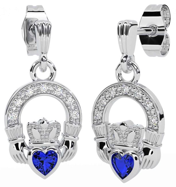 Diamond Sapphire Silver Claddagh Dangle Earrings