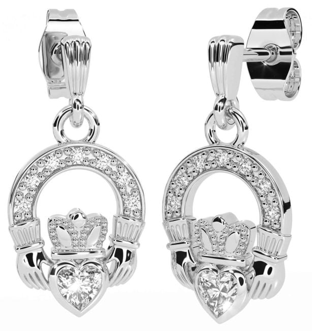 Diamond White Gold Claddagh Dangle Earrings