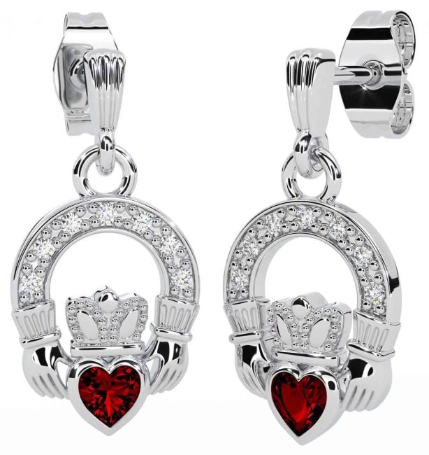 Diamond Garnet White Gold Claddagh Dangle Earrings