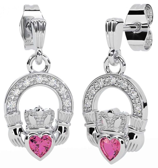 Diamond Pink Tourmaline White Gold Claddagh Dangle Earrings