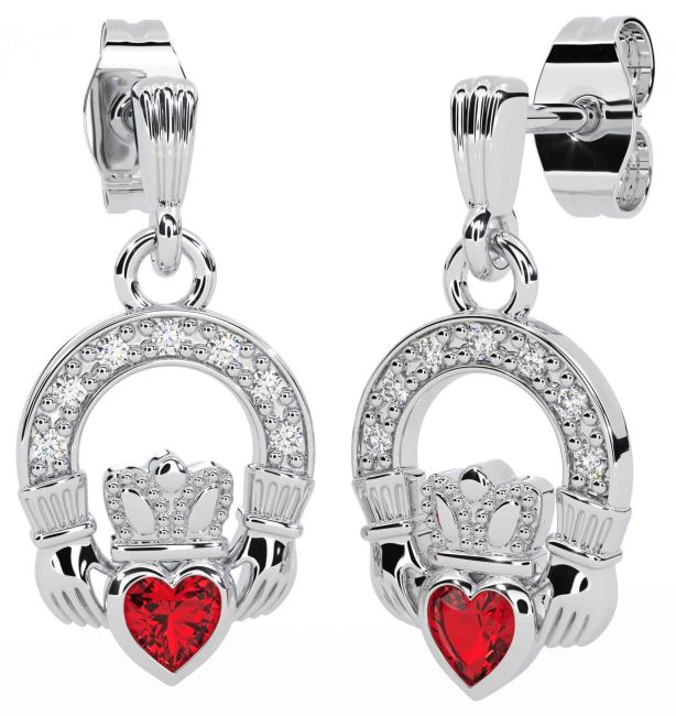 Diamond Ruby White Gold Claddagh Dangle Earrings