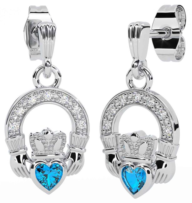 Diamond Topaz White Gold Claddagh Dangle Earrings