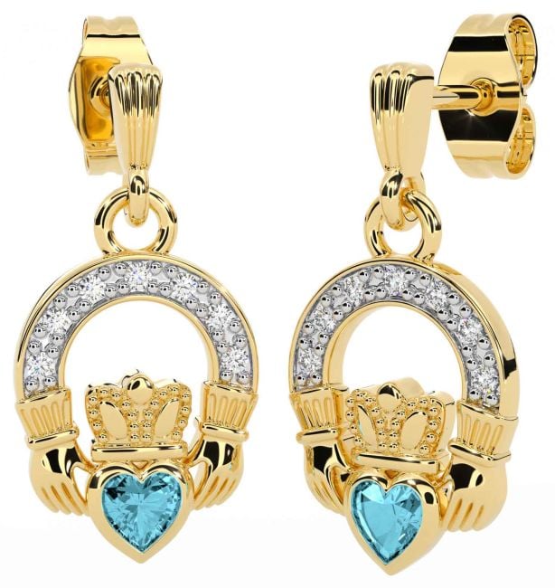 Diamond Aquamarine Gold Claddagh Dangle Earrings