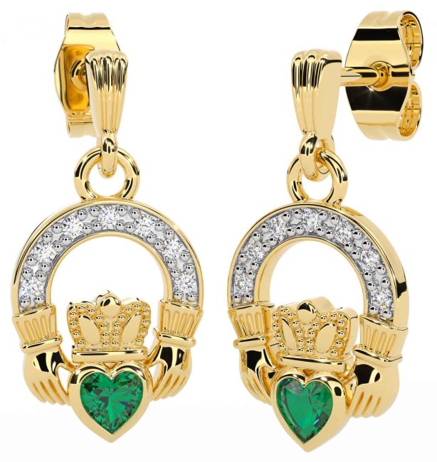 Diamond Emerald Gold Claddagh Dangle Earrings