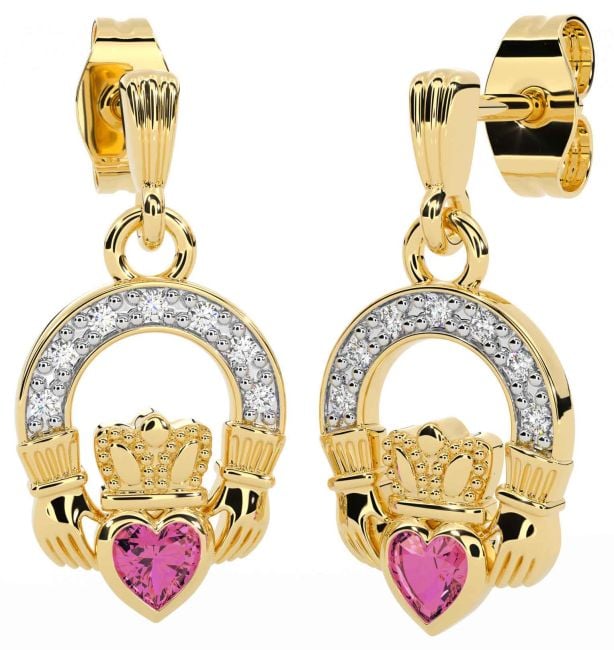 Diamond Pink Tourmaline Gold Claddagh Dangle Earrings