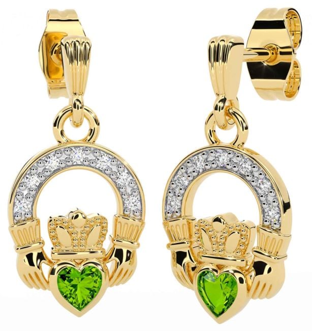 Diamond Peridot Gold Claddagh Dangle Earrings