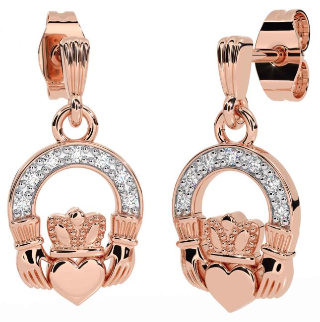 Diamond Rose Gold Claddagh Dangle Earrings