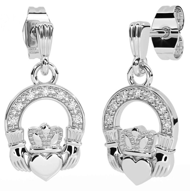 Diamond Silver Claddagh Dangle Earrings