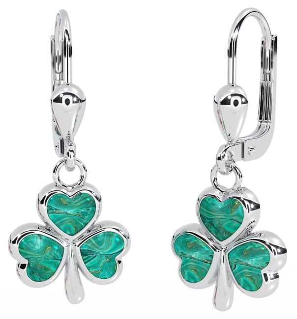 Green Agate White Gold Shamrock Dangle Earrings