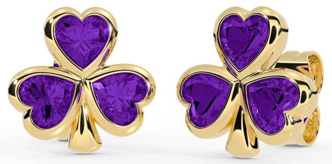 Amethyst Gold Silver Shamrock Stud Earrings