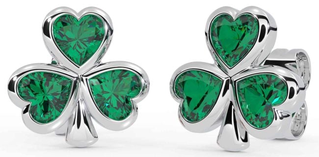 Emerald White Gold Shamrock Stud Earrings