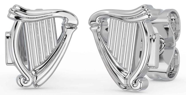 White Gold Celtic Irish harp Stud Earrings