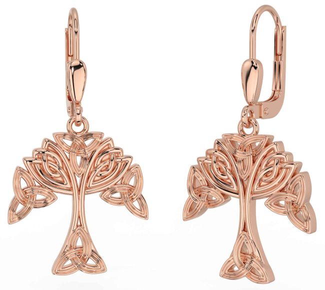 Rose Gold Silver Celtic Tree of Life Trinity Knot Dangle Earrings