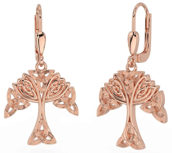 Rose Gold Celtic Tree of Life Trinity Knot Dangle Earrings