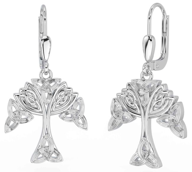 White Gold Celtic Tree of Life Trinity Knot Dangle Earrings