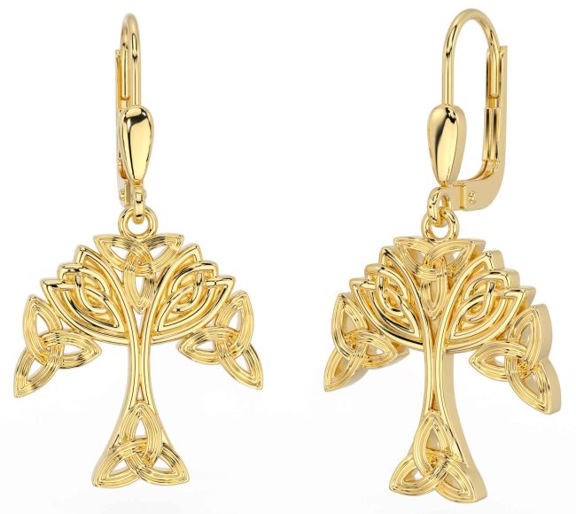 Gold Celtic Tree of Life Trinity Knot Dangle Earrings