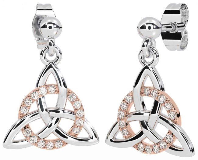 Diamond Rose Gold Silver Celtic Trinity Knot Dangle Earrings