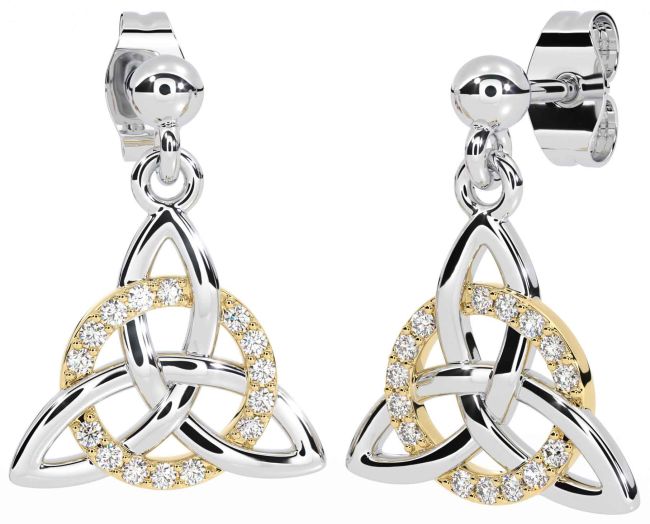 Diamond Gold Silver Celtic Trinity Knot Dangle Earrings