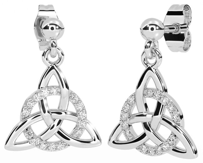 Diamond Silver Celtic Trinity Knot Dangle Earrings