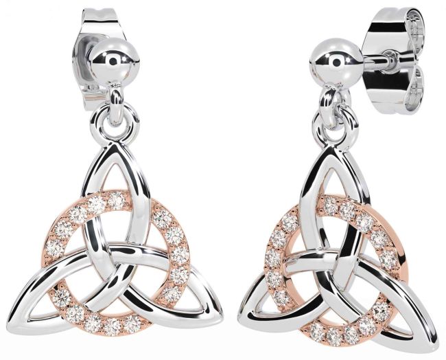 Diamond White Rose Gold Celtic Trinity Knot Dangle Earrings