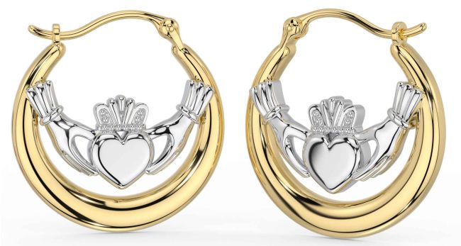 White Yellow Gold Claddagh Dangle Earrings