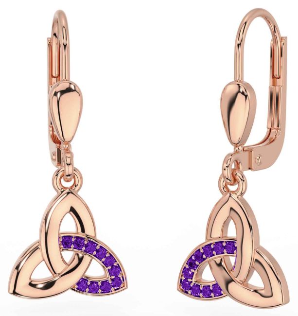 Amethyst Rose Gold Silver Celtic Trinity Knot Dangle Earrings