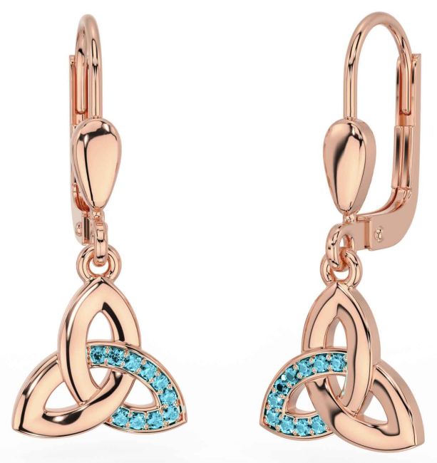 Aquamarine Rose Gold Silver Celtic Trinity Knot Dangle Earrings
