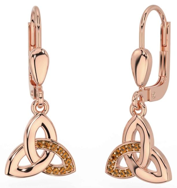 Citrine Rose Gold Silver Celtic Trinity Knot Dangle Earrings