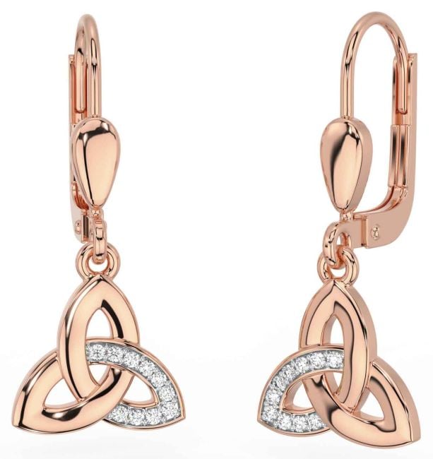 Diamond Rose Gold Silver Celtic Trinity Knot Dangle Earrings