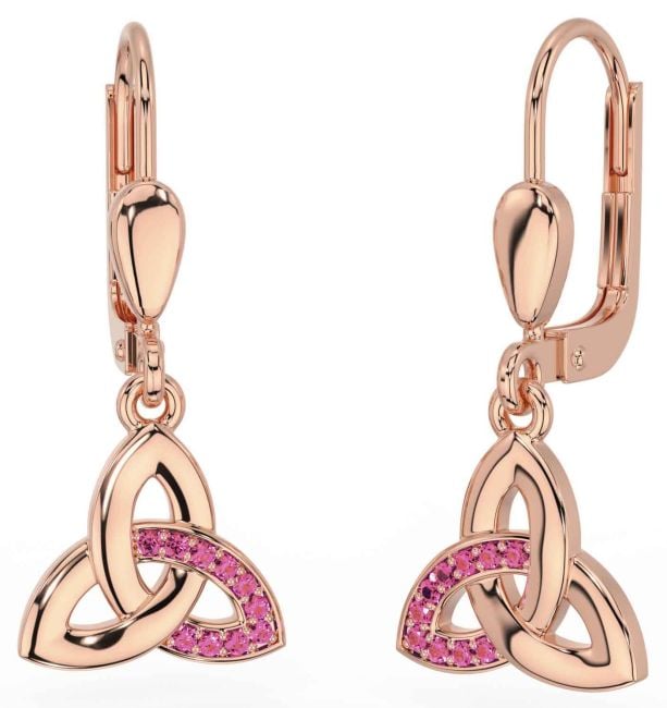 Pink Tourmaline Rose Gold Silver Celtic Trinity Knot Dangle Earrings