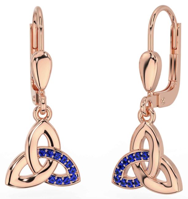 Sapphire Rose Gold Silver Celtic Trinity Knot Dangle Earrings