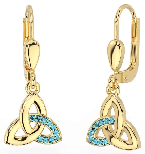 Aquamarine Gold Silver Celtic Trinity Knot Dangle Earrings