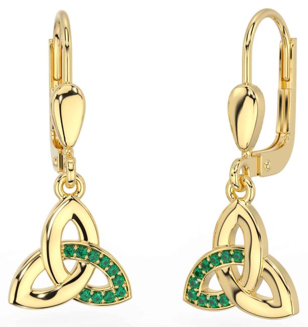 Emerald Gold Silver Celtic Trinity Knot Dangle Earrings