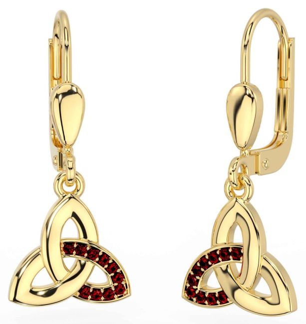 Garnet Gold Silver Celtic Trinity Knot Dangle Earrings