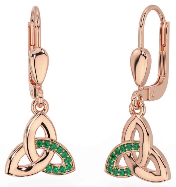 Emerald Rose Gold Celtic Trinity Knot Dangle Earrings