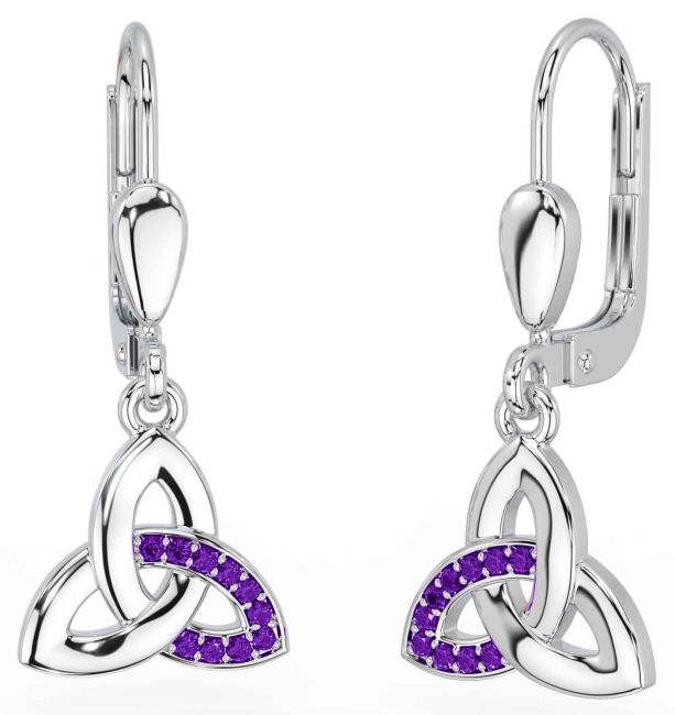 Amethyst Silver Celtic Trinity Knot Dangle Earrings