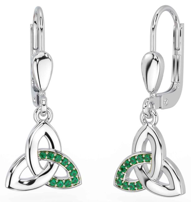 Emerald Silver Celtic Trinity Knot Dangle Earrings