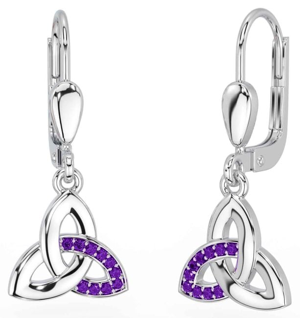 Amethyst White Gold Celtic Trinity Knot Dangle Earrings