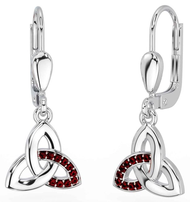 Garnet White Gold Celtic Trinity Knot Dangle Earrings