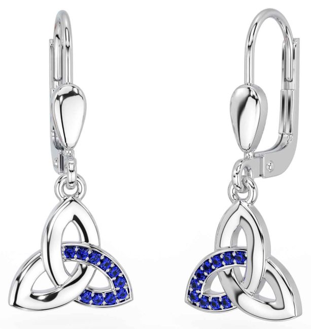 Sapphire White Gold Celtic Trinity Knot Dangle Earrings