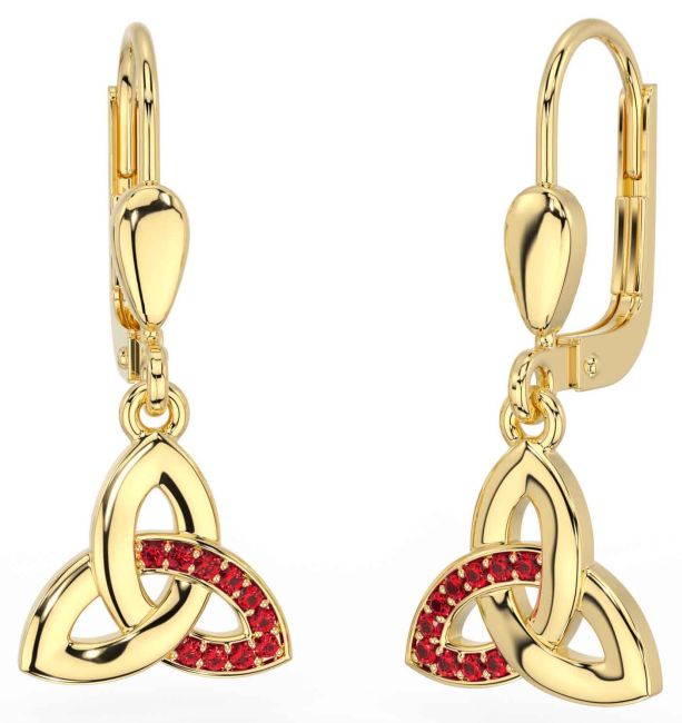 Ruby Gold Celtic Trinity Knot Dangle Earrings