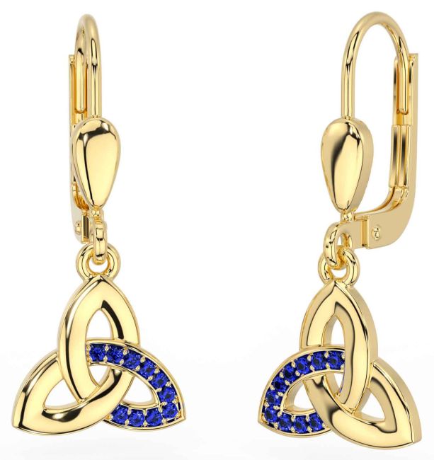 Sapphire Gold Celtic Trinity Knot Dangle Earrings