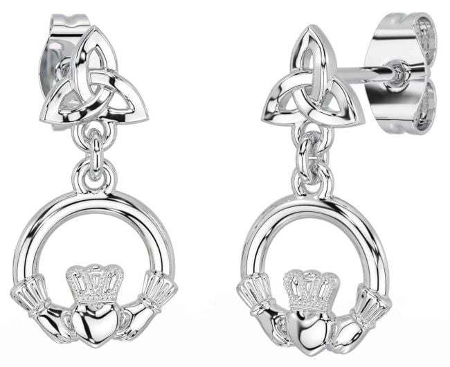 Silver Claddagh Celtic Trinity Knot Dangle Earrings