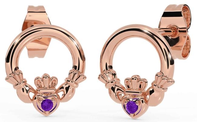 Amethyst Rose Gold Silver Claddagh Stud Earrings