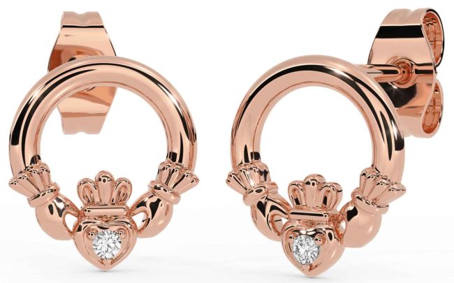 Diamond Rose Gold Silver Claddagh Stud Earrings