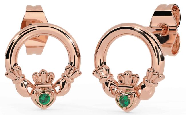 Emerald Rose Gold Silver Claddagh Stud Earrings