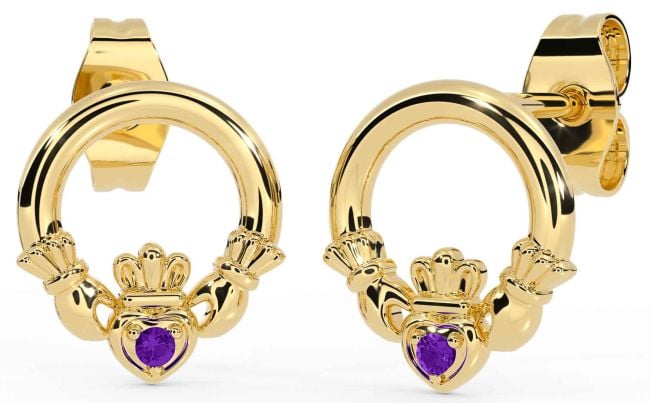 Amethyst Gold Silver Claddagh Stud Earrings