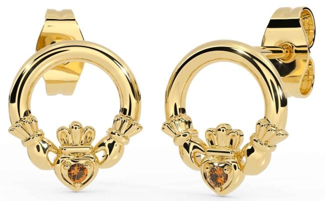 Citrine Gold Silver Claddagh Stud Earrings