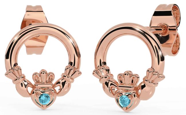 Aquamarine Rose Gold Claddagh Stud Earrings