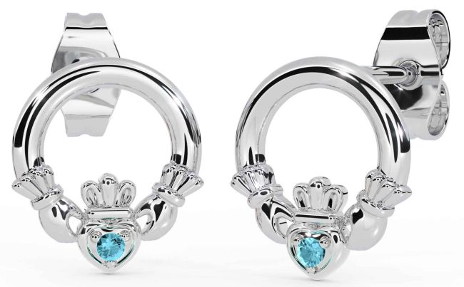 Aquamarine Silver Claddagh Stud Earrings